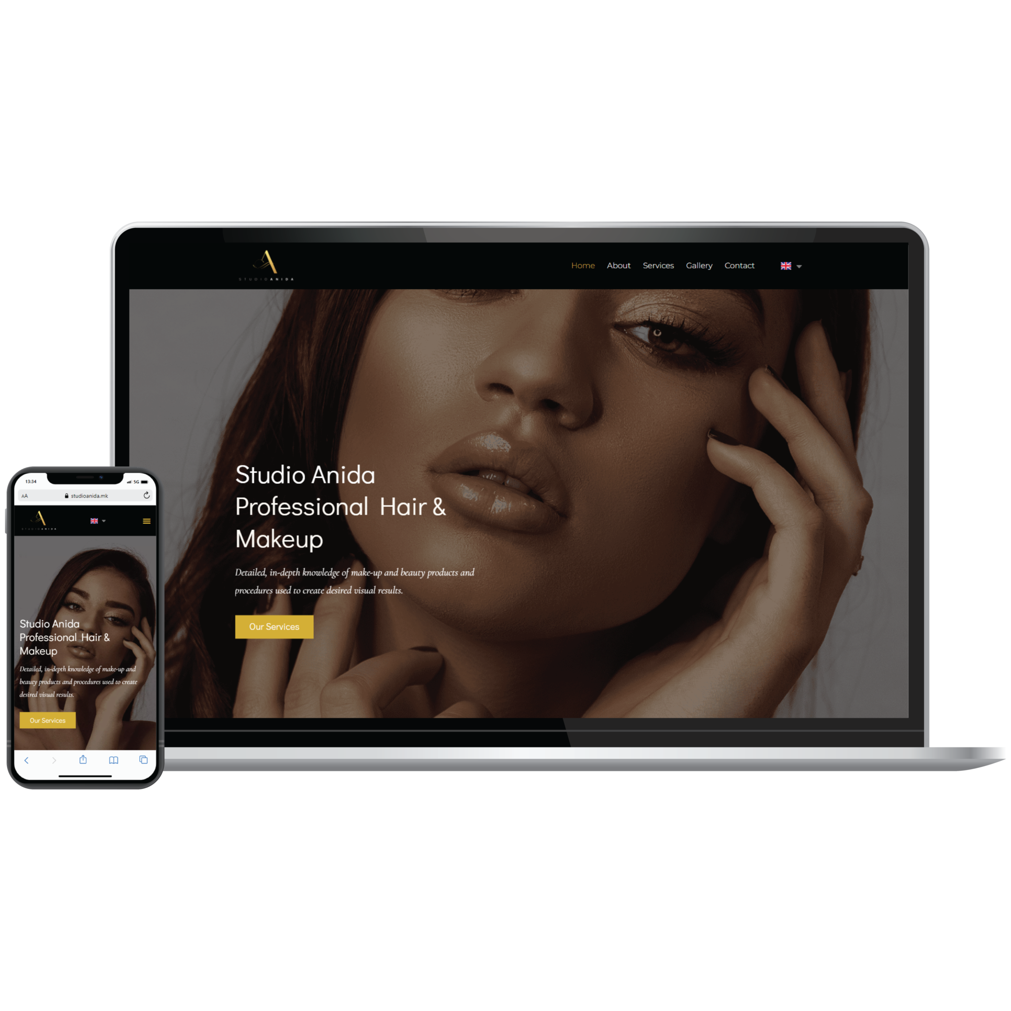 Responsive website mockup for Studio Anida, a professional hair and makeup studio, displayed on laptop and mobile screens.