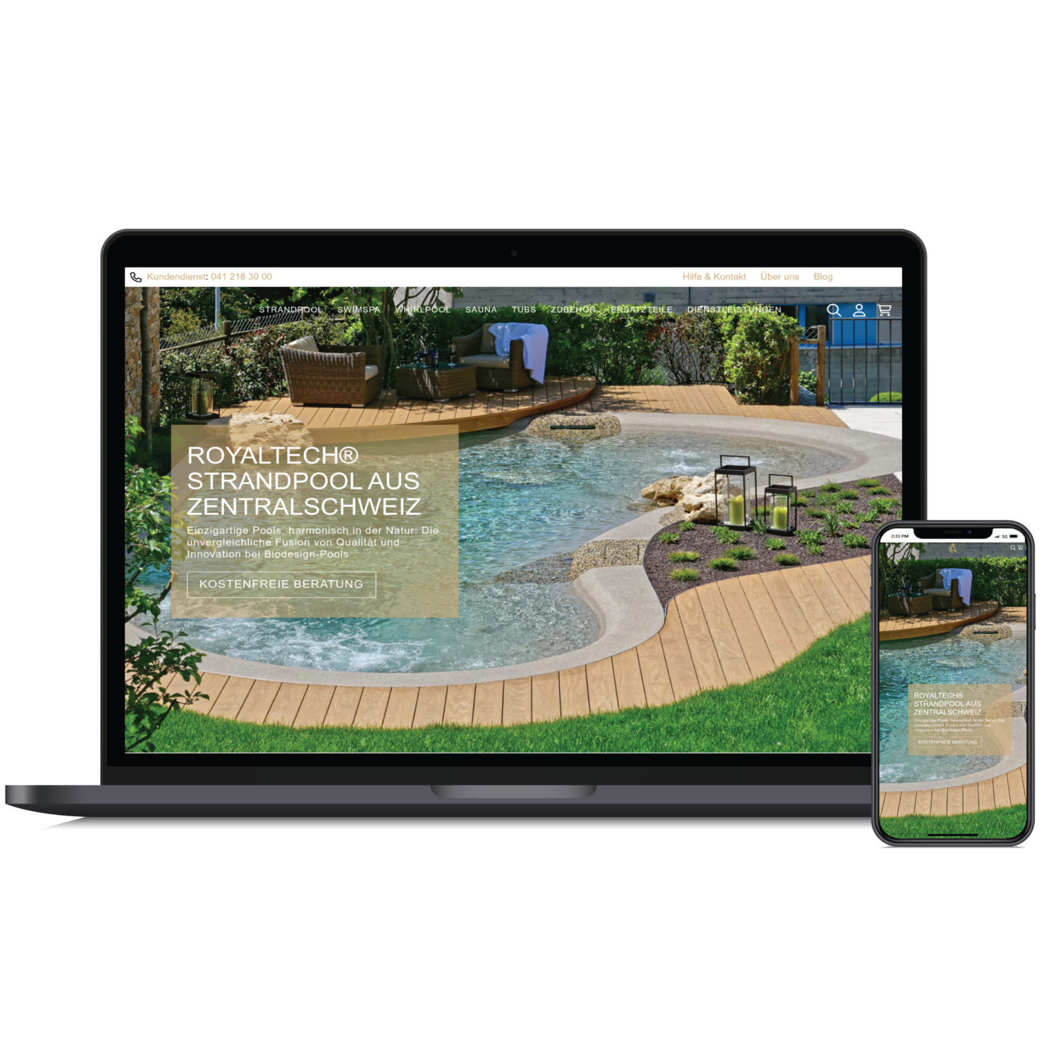 Royaltech Biodesign Strandpool website displayed on laptop and mobile devices, featuring a natural-style pool in a Swiss garden setting.