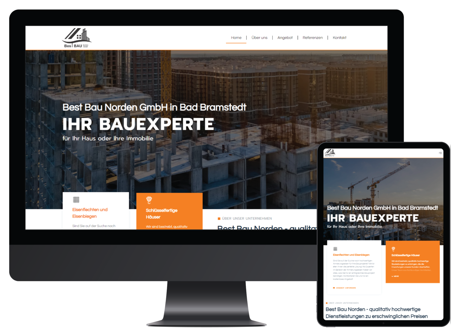 Responsive website mockup for Best Bau Norden GmbH, a construction and real estate company in Bad Bramstedt, displayed on desktop and tablet devices.