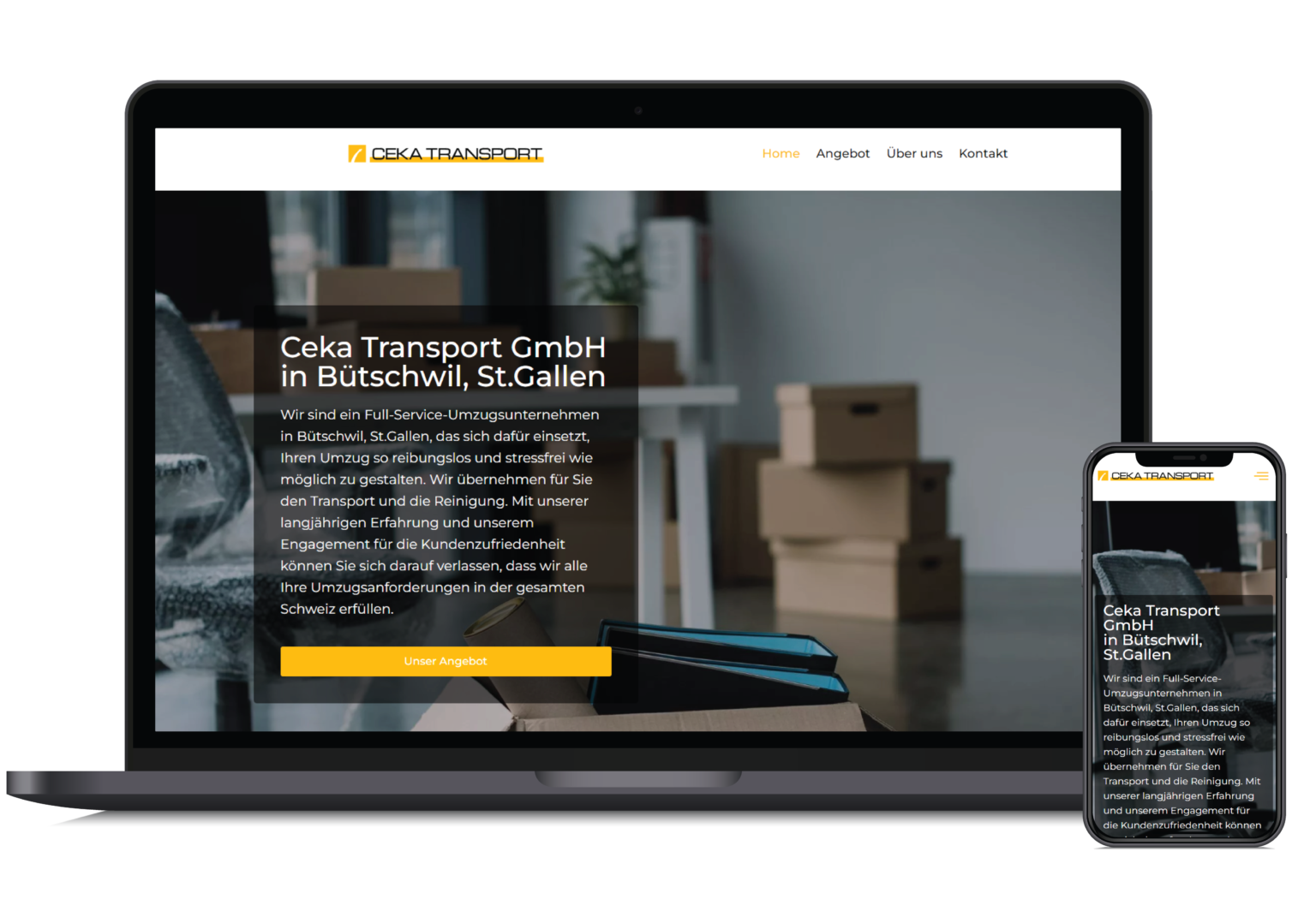 Responsive website mockup for Ceka Transport GmbH, a full-service moving company in Bütschwil, St. Gallen, shown on laptop and mobile devices.