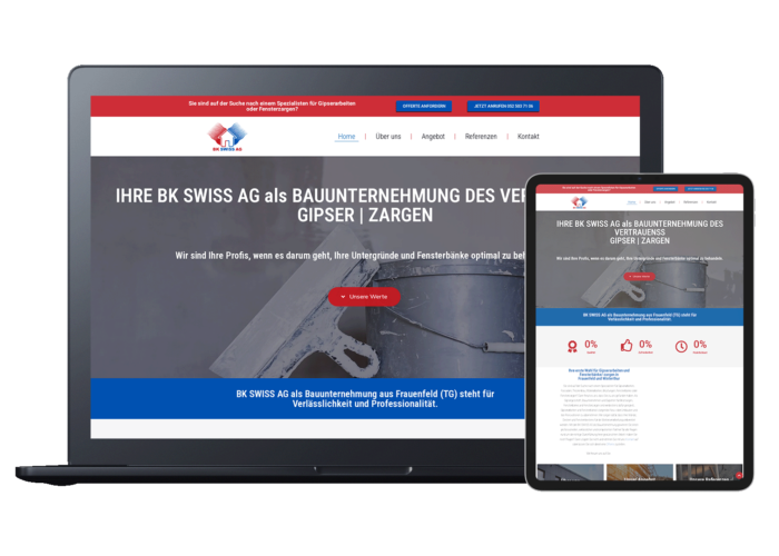 Responsive website mockup for BK SWISS AG, a construction company in Frauenfeld (TG), displayed on laptop and tablet devices.