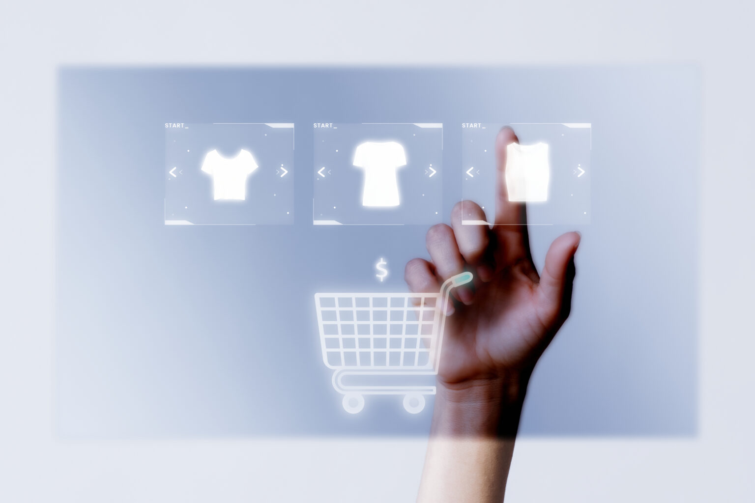 Hand selecting clothes on a virtual touchscreen shopping interface | Webface