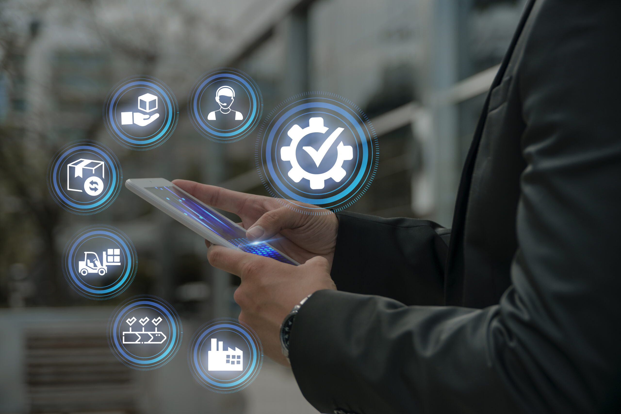Businessman using tablet with floating AI integration icons | Webface