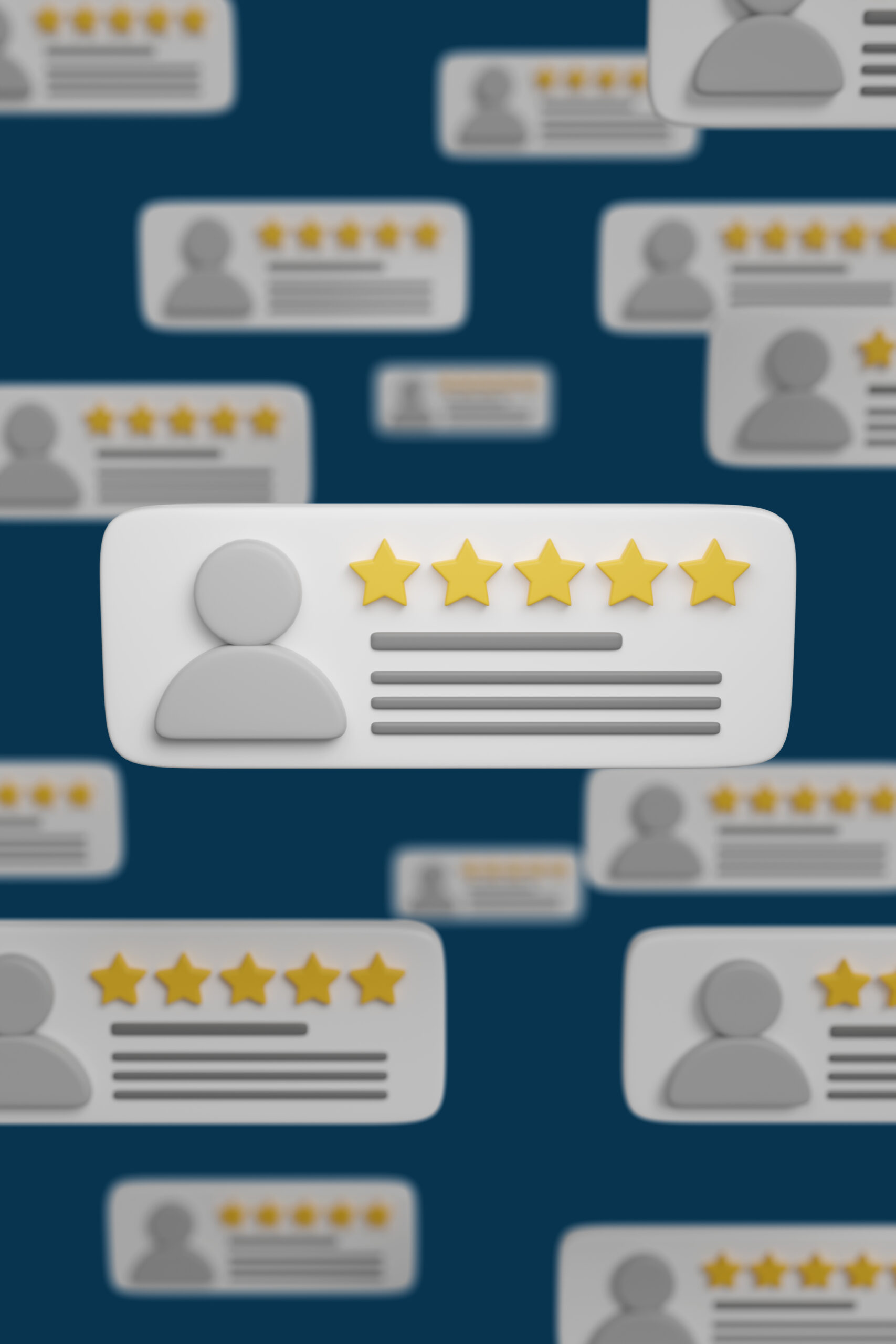 3D floating customer review cards with five-star ratings | Webface