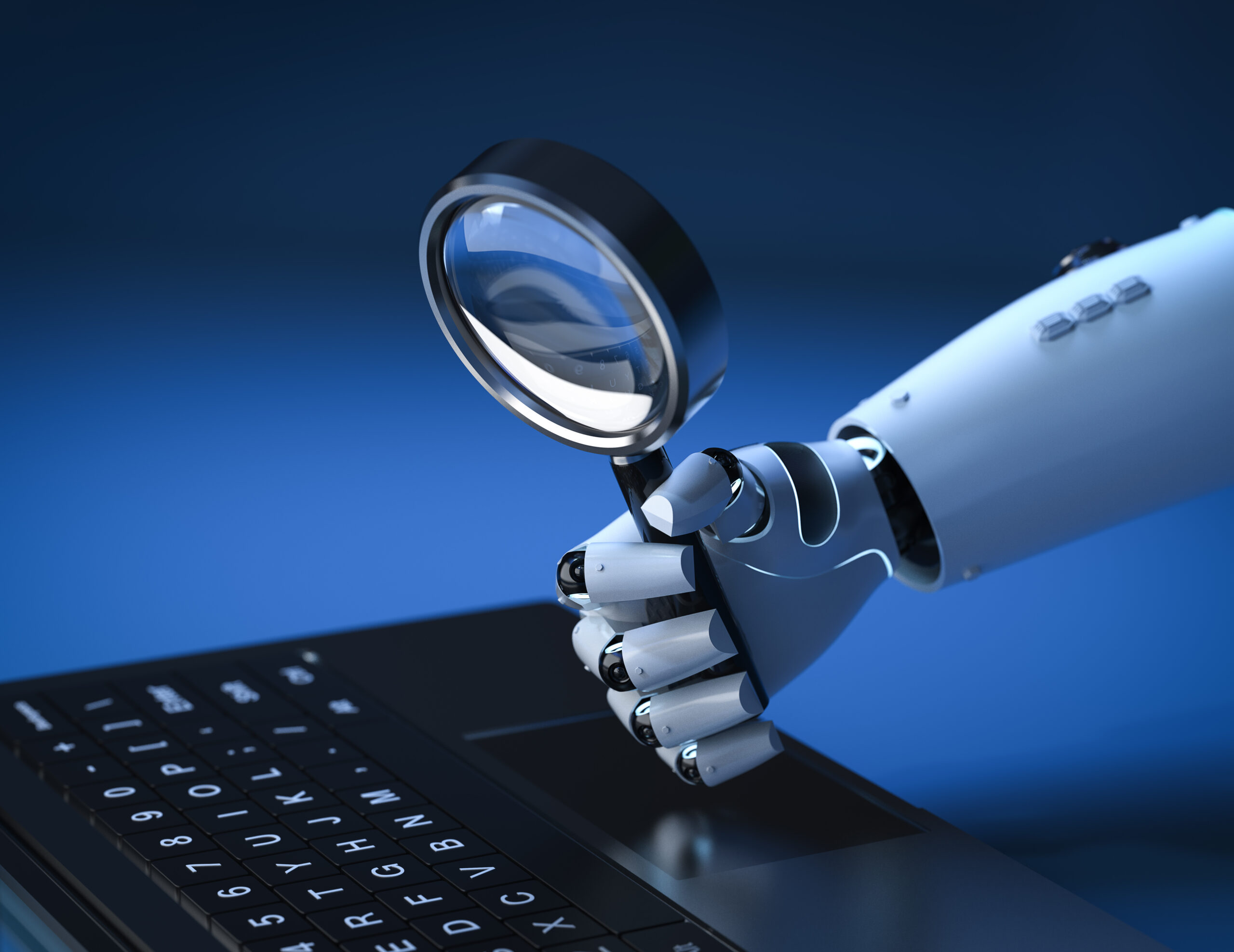 Robot hand holding magnifying glass over keyboard symbolizing AI-driven SEO search | Webface