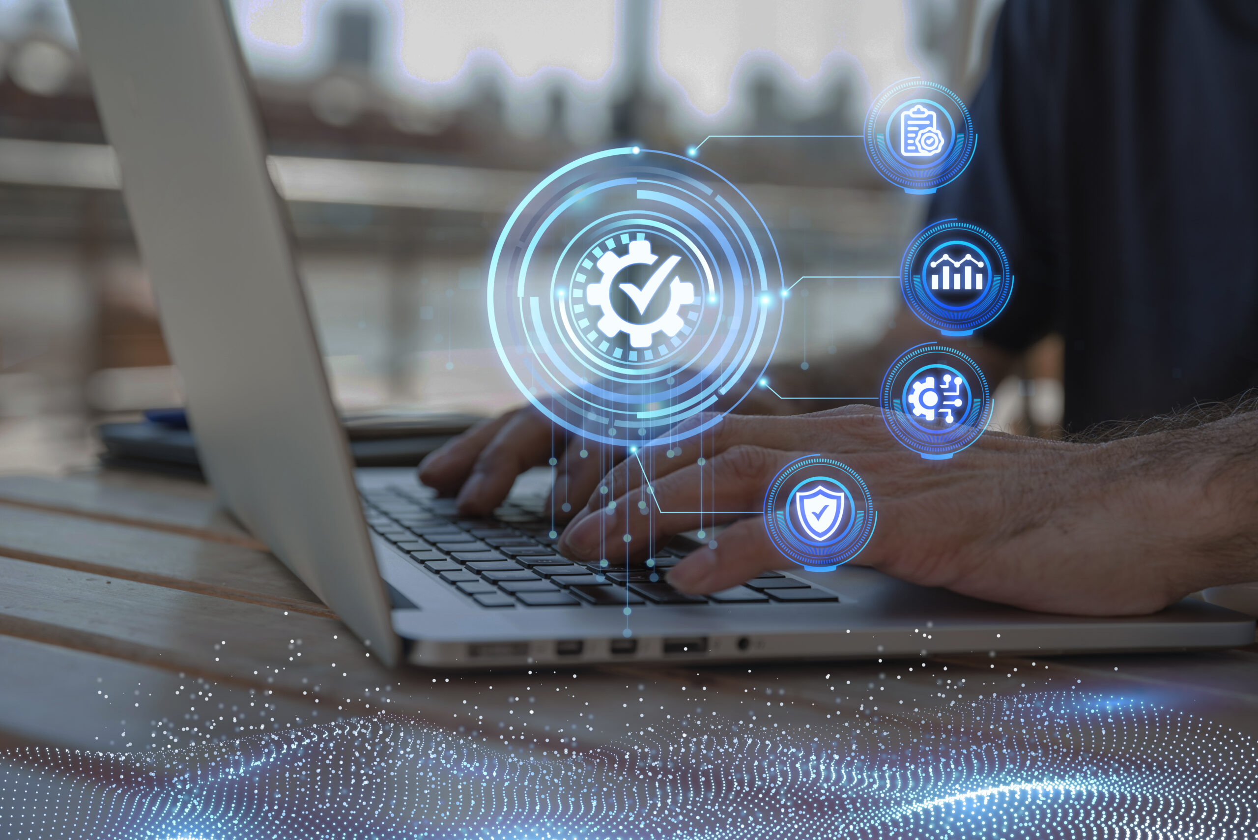 Hands typing on laptop with floating AI technology icons and quality control overlay | Webface