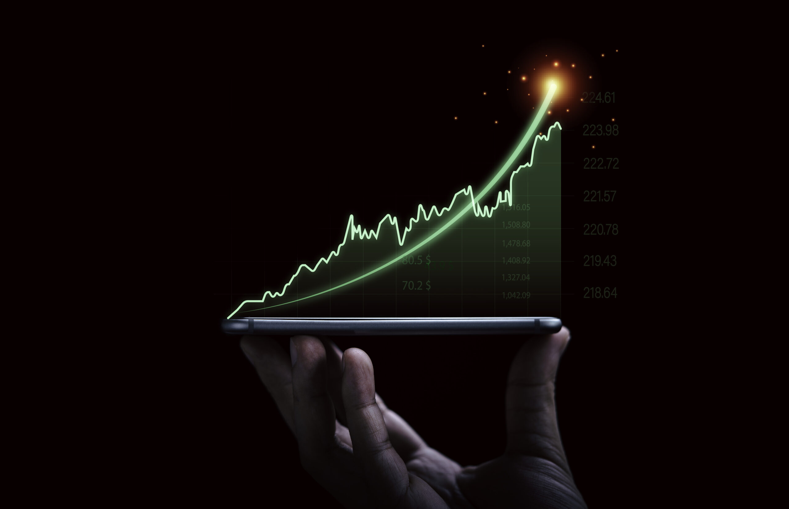 AI-driven market growth graph rising from smartphone screen | Webface