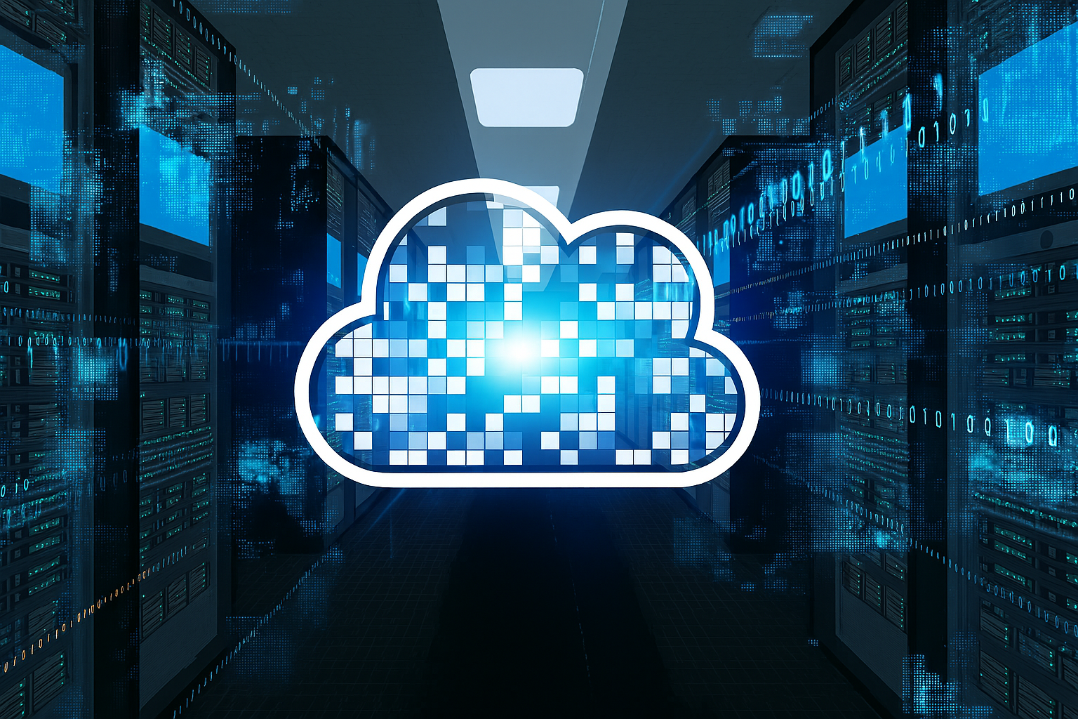 Cloud icon over server racks representing cloud data infrastructure and digital transformation | Webface