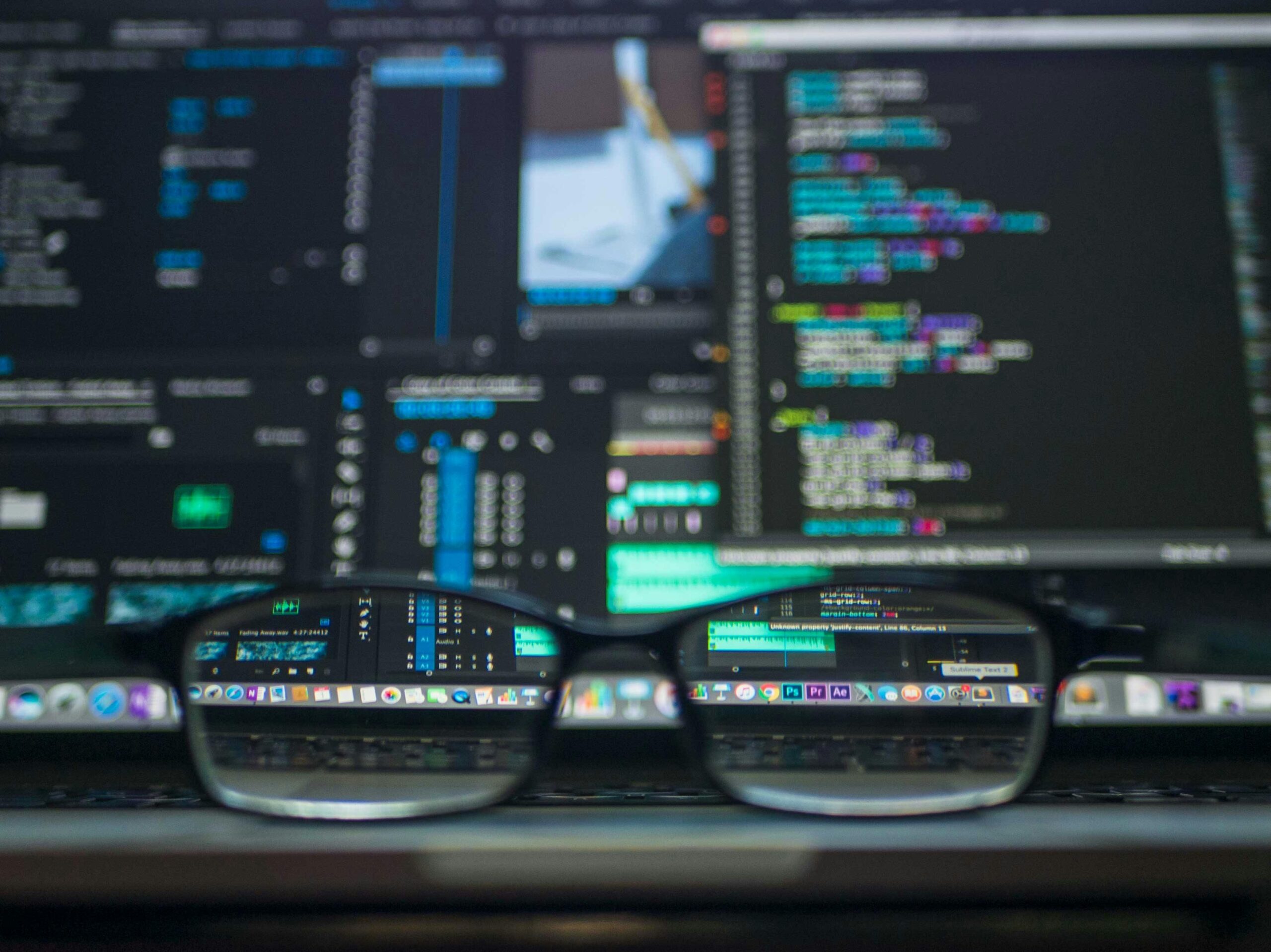Programming dashboard with code focused through glasses, representing data management, backend logic, and code clarity | Webface