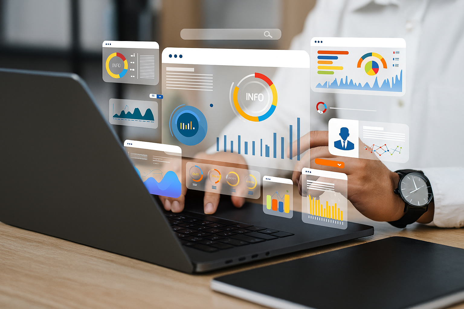 Businessman analyzing digital dashboards and charts using data warehouse software on laptop | Webface