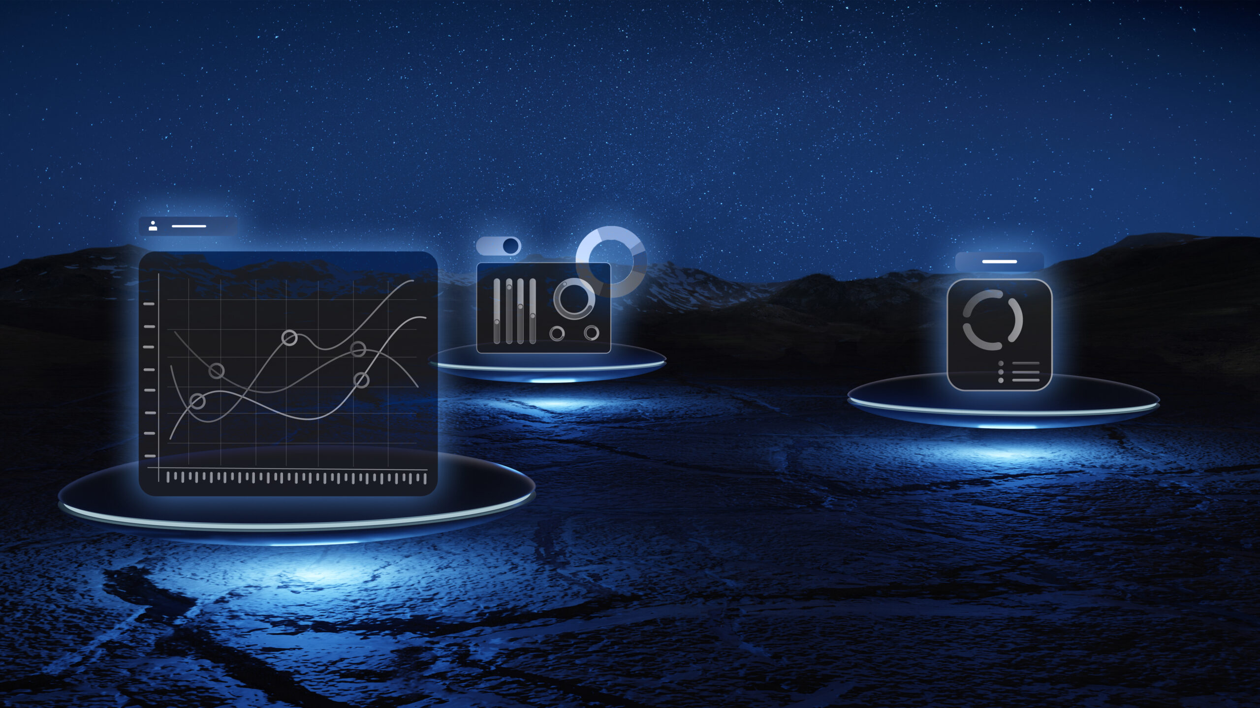 Floating futuristic data dashboards on digital terrain under starry sky | Webface