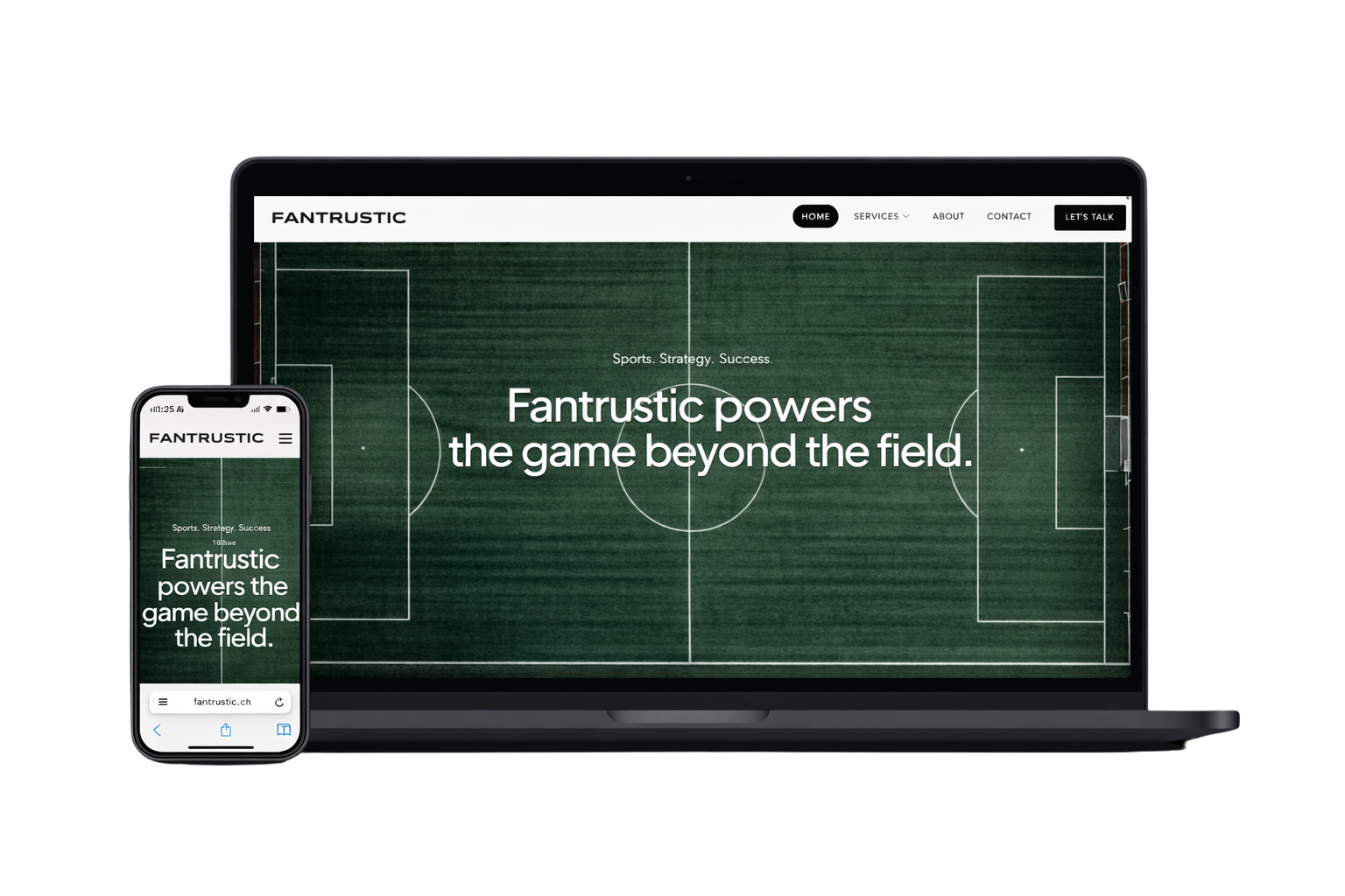 Responsive sports consulting website mockup for Fantrustic strategy and advisory platform