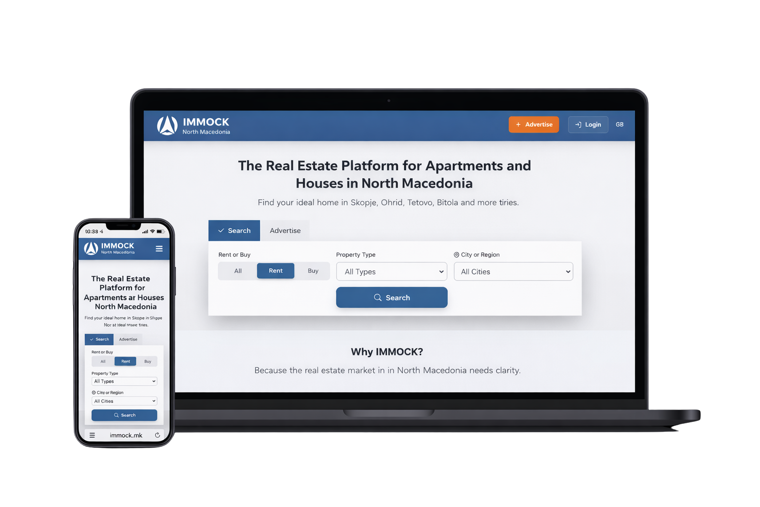 Responsive real estate website mockup for IMMOCK property listings platform in North Macedonia
