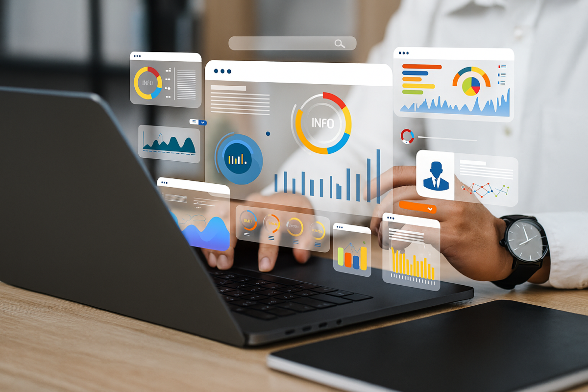 Businessman analyzing digital dashboards and charts using data warehouse software on laptop | Webface